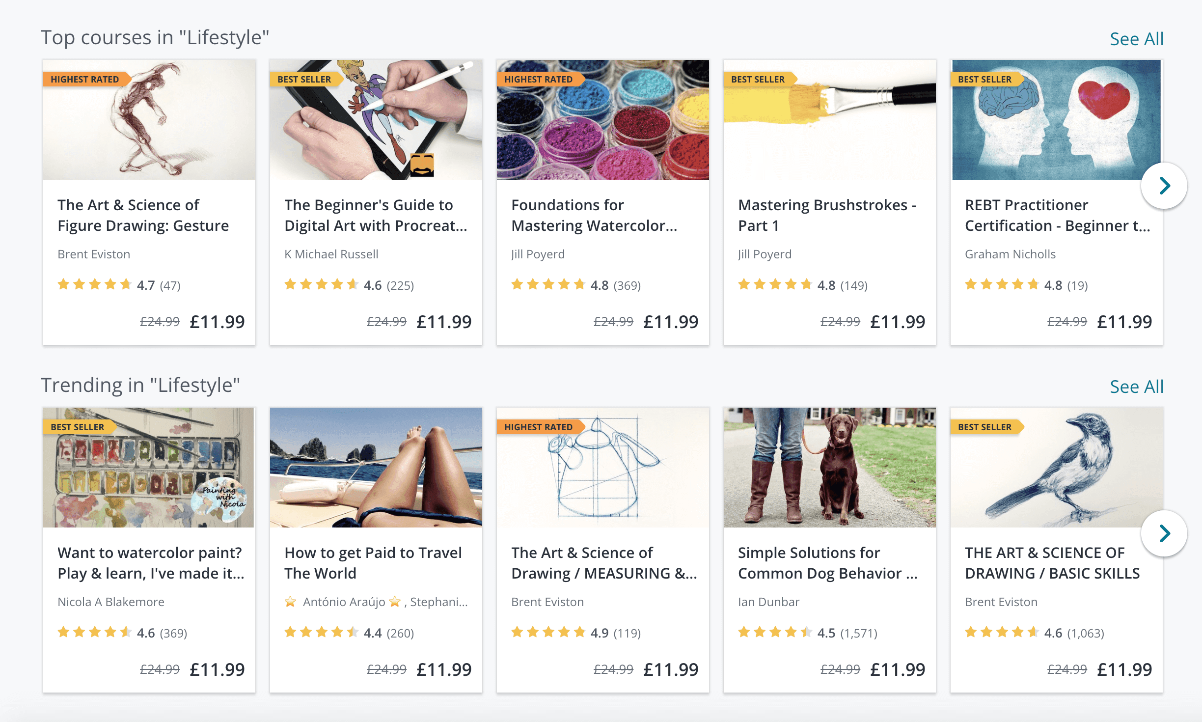 Screenshot from the Udemy website showing the top courses in the 'Lifestyle' section which are all reduced to £11.99